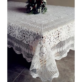 "Handmade" Vintage Handmade 100% Cotton Crochet Lace Tablecloth White/Ecru OB 6-10 Seats - #9830, 65"X102" Oblong White