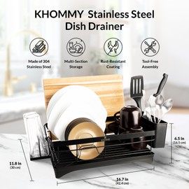 KHOMMY Dish Drying Racks for Kitchen Counter - Premium 304 Stainless Steel Escurridor de Platos para Fregadero, Elegant & Compact Dish Drainers for Kitchen Counter - Super Resistant & Easy to Install