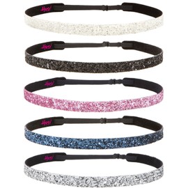Hipsy REGULAR Size, Women's Adjustable NO SLIP Bling Glitter Hair Headband Multi Pack (Skinny Silver/Navy/L Pink/Black/White Regular Size Bling Glitter 5pk)