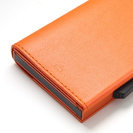 ÖGON -DESIGNS- Automatic Leather Wallet Cascade Slim - Compact Aluminum RFID Blocking Card Holder - Up to 8 Cards and banknotes (Orange)