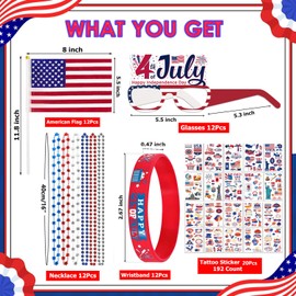 Gavoyeat 4th of July Decorations Party Favors 240Pcs Presidents Patriotic Independence Memorial Day Accessories Supplies Necklace Glasses Bracelet Flag Temporary Tattoos for Kids Adults