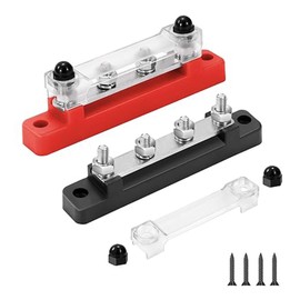 12V-48V Bus Bar with Cover, DC Busbar Power Distribution Block with 4 x M6 Terminal Studs, Power Rail for Car, RV, Boat, Marine (Red & Black, 2 Pieces)