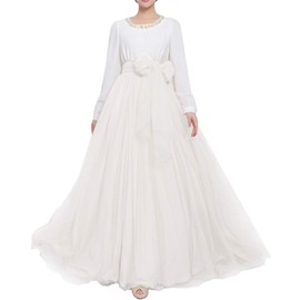 Women Wedding Long Maxi Puffy Tulle Skirt Floor Length A Line with Bowknot Belt High Waisted for Wedding Party Evening(Ivory,Large-X-Large)