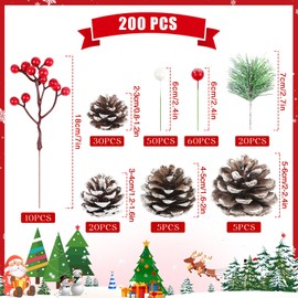 200 Pcs Christmas Pine Cones Red Berries Pine Branch Set Natural Snow Christmas Pine Cones Pine Branch Various Size Pinecones Artificial Red Berries for Xmas Tree Wreath Home Fall Winter DIY Crafts