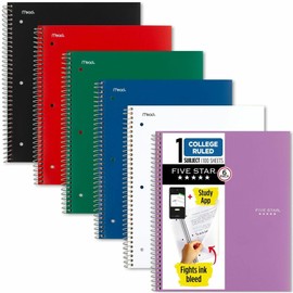 Five Star 1-Subject Notebooks, 8.5-inch x 11-inch, College Ruled, 100 Sheets, Assorted Colors, 6/Pack (MEA38052)