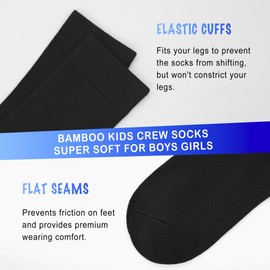 SERISIMPLE Viscose Bamboo Kids Crew Socks School Anti Odor Socks for Boys Girls Uniform Light Weight Flat Seam Socks 5 Pairs (Black, Large)