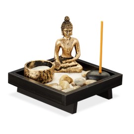 Relaxdays Zen Garden, with Buddha, Stones, Sand, Incense Sticks & Tea Light Holder, Relaxation, Feng Shui Decoration, Black, A