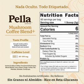 Pella Nutrition Café Instantáneo De Hongos Orgánicos (60 Porciones) Con 7 Hongos Superalimentos, Gran Sabor, Incluye Melena De León, Reishi, Chaga,