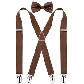 Alizeal Men's 4 Clips X-Back Solid Suspenders Pre Tied Bow Tie Set Elastic Adjustable Braces, Coffee