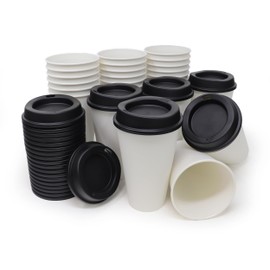 Rolling Sands USA Made 16 oz Reusable Coffee Cups with Lids 24 Pk, To Go Travel Cups, Hot or Cold Drinks, Dishwasher and Microwave Safe, White Cups, Black Lids