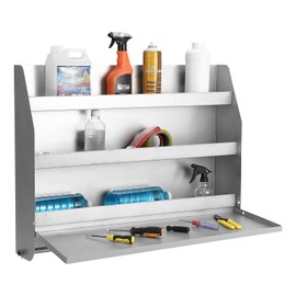 Wall-Mounted Aluminum Storage Cabinet with Flip-Out Work Table & Paper Towel Rack Organizer, Space-Saving Tool Cabinet Design, Perfect for Garage, Shop, and Trailer Use, Silver