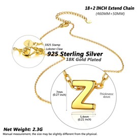 Silvora S925 Silver Letter Pendant, Name Initial Necklace, A-Z for Silver Name Necklace, Women, Children & Men, 46 cm + 5 cm Extension Chains, Gold