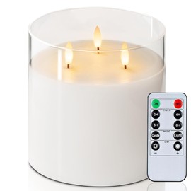 Homemory 6X6'' Extra Large Flameless Candle with 3 Wicks, Glass LED Pillar Candle, Real Wax Battery Operated Candle with Remote Control and Timer, Pure White