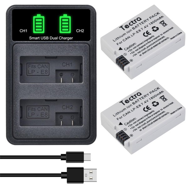 Tectra 2-Pack LP-E8 LPE8 Battery and LED Dual USB Charger