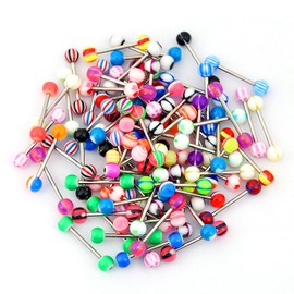 WMHSO Tongue Rings, 100 Pieces, Multi-Coloured Acrylic and Surgical Steel, 16mm Length (Steel Bar)