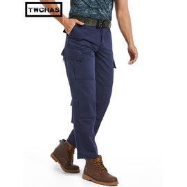 TWCHAS Men’s Tactical Pants, 8 Pockets, Double-Layered Knees, CVC Twill Combat Cargo Pants for Work Hiking Performance Navy Blue
