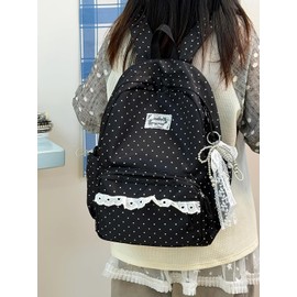 Polka Dot Backpack, Y2K Lace Aesthetic Canvas Daypack with Bow Details, Large Casual Backpack Fits Up to 14-Inch Laptop for Travel, Shopping and Daily Use