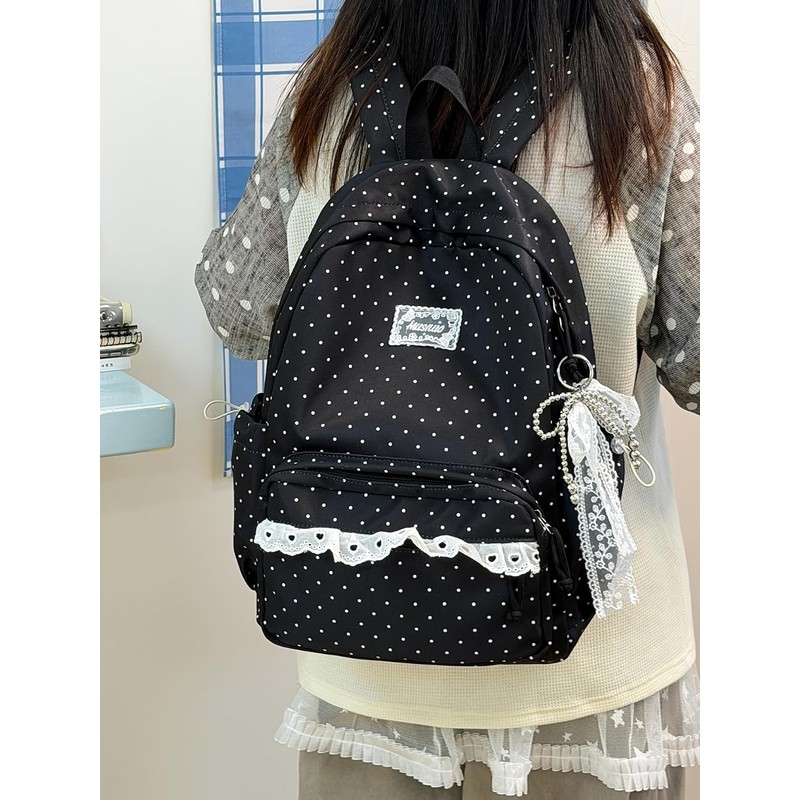 Polka Dot Backpack, Y2K Lace Aesthetic Canvas Daypack with Bow