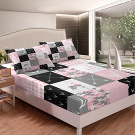 Deer Silhouette Fitted Sheet Queen Size,Camo Western Rustic Farmhouse Xmas Bedding 3pcs for Kids Teens Home Room Decor,Antlers Arrow Geometric Bed Cover,Pink Sweet Bed Sheet,2 Pillowcases