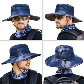 Muryobao Men's Boonie Hat UPF 50+ Summer Sun Hat UV Protection Wide Brim Waterproof Bucket Hat for Safari Garden Beach Fishing Cap Navy Blue