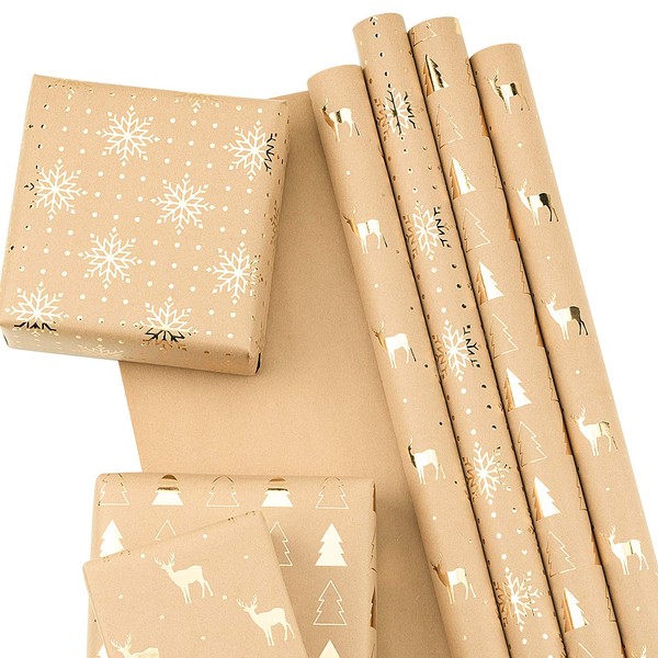 RUSPEPA Wrapping Paper Sheets Kraft Paper - Christmas Tree and Reindeer Design Gold Foil - 17.5 x 30 inches Each Sheet, Total of 6 Sheets Packed in 1 roll