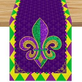 FARMNALL Linen Mardi Gars Table Runner Brazil Carnival New Orleans Fat Tuesday Masquerade Party Tablecloth Purple Yellow Green Diamond Decorations and Supplies for Home Office 13x72 Inch