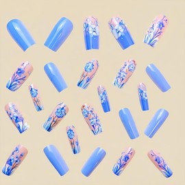 24Pcs Coffin Press on Nails Medium Length Fake Nails Blue Flowers False Nails Cute Spring Full Cover Acrylic Glue on Nails Floral Stick on Nails Reusable Artificial Nails for Women Girls