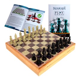 StonKraft Handcarved Chess Board with Wooden Base - Stone Inlaid Work - Chess Game Board Set