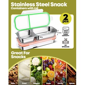 2Pack Stainless Steel Snack Containers for Kids Adults, Reusable Double Compartment Snackle Box Container with Leakproof Lids Metal Bento Lunch Food Snack Box for Travel Picnics Camping Office School