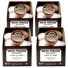 Fresh Roasted Coffee LLC, Indian Monsoon Malabar Coffee Pods, Light Roast, 72 Count