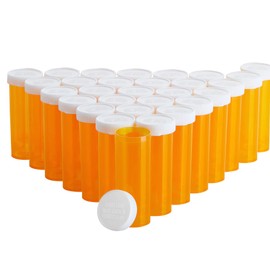 30 Pack Bottles with Snap Caps - Plastic Prescription Medication Vials - Pill Dispenser (Amber, 8 Dram)