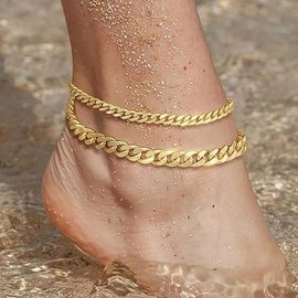 Gold Ankle Bracelets for Women, 14k Gold Plated Cuban Link Anklets Set Waterproof Anklet Bracelets for Women Layered Chain Adjustable Size Jewelry Gift For Holiday Beach