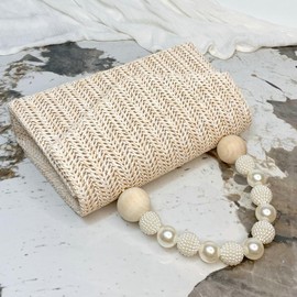 Straw Evening Handbag for Women Exquisite Pearl Beaded Top-Handle Purse Small Satchel Purse Woven Clutch Bag 2025, Beige, Medium