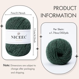 NICEEC 3 Skeins Soft Wool Yarn Merino Wool Yarn for Knitting Warm Fingering Weight Yarn for Hand Knitting Yarn Woollen Yarn Total Length 1.76oz×3, 202yds×3-Green