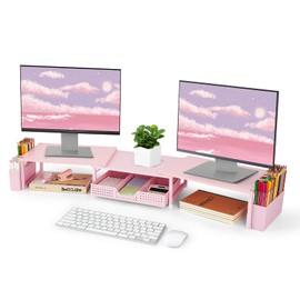 OPNICE Desk Dual Monitor Stand Riser - Wood Desk Organizer with Drawer and Pen Holders, Office Desk Accessories & Workspace Organizers, Office Organization Computer Monitor Stand for Laptop, Printer, TV, Office Decor, Girl Pink