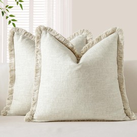 OTOSTAR Set of 2 Linen Fringe Decorative Throw Pillow Covers 18x18 Inch Soft Accent Cushion Covers with Tassels Boho Farmhouse Home Decor Pillowcase for Sofa Couch Patio Bed Living Room, Natural Beige