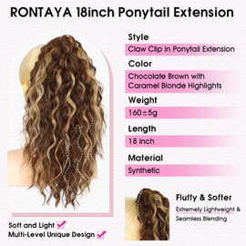 RONTAYA Ponytail Extension, 18 Inch Claw Clip Ponytail Extensions for Women, Multi Layered Fluffy Thick Wavy Jaw Clip in Fake Pony Tails Fake Hair Soft Synthetic Hairpiece Dark Brown Mixed Blonde
