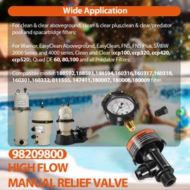 98209800 High Flow Manual Relief Valve/Air Relief Manual Valve Assembly with Pressure Gauge, Replacement for Pool and Spa Filter (98209800+87300400)