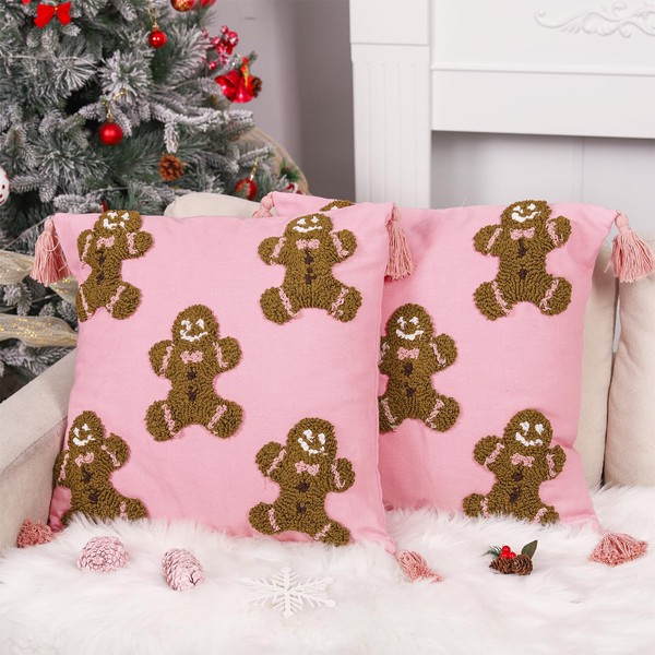 JarThenaAMCS 2Pcs 3D Pink Christmas Pillow Covers Gingerbread Man Throw