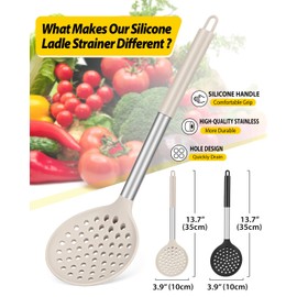 Kitchen Ladle Strainer Set of 2 Large Slotted Spoon with High Heat Resistant BPA Free Non Stick Cooking Skimmers For Draining and Frying (Black-Khaki)