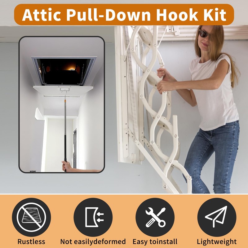 Attic Pull-Down Hook Kit with Adjustable Telescopic Rod and Ladder