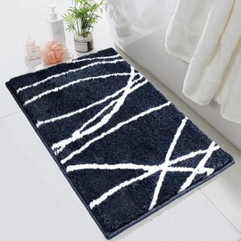 Tititex Luxury Navy White Curve Line Bathroom Rug, 16x24 inch Extra Soft and Absorbent Microfiber Bath Rugs, Non-Slip Plush Shaggy Bath Carpet, Bath Mats for Bathroom Floor, Tub and Shower