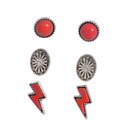 Western Turquoise Lightning Bolt Stud Earrings Bohemian Vintage Turquoise Thunder Flash Earrings Jewelry for Women-Set(Red)