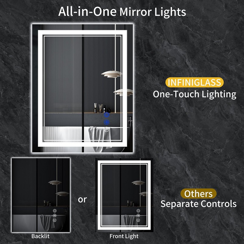 InfiniGlass 30"x24" LED Bathroom Mirror with Anti-Fog, Stepless Dimmable Lights,