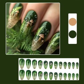 Green Glitter Leaves Press on Nails Cute Mushroom Fake Nails Ballerina Long Almond Glue on Nail Glossy Full Cover Stick on Nail Reusable Artificial Manicure