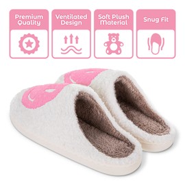 Smile Face Slippers for Women - Fluffy, Anti-Skid, Super Warm, Thick Cushioned Sole - Preppy Retro Soft Plush Fuzzy Slip-on Happy Face Cozy Slippers for Indoor & Outdoor Use - Sizes 5-10 US