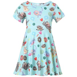 Girl's Dresses Cute Cat Donuts Funny Kitten Print Short Sleeve Casual Sundress for Girls Size 5-6