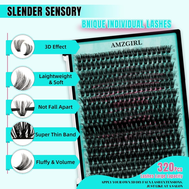 Eyelash Clusters, 320 Pieces, 60D Eyelash Clusters, D Curl, Individual