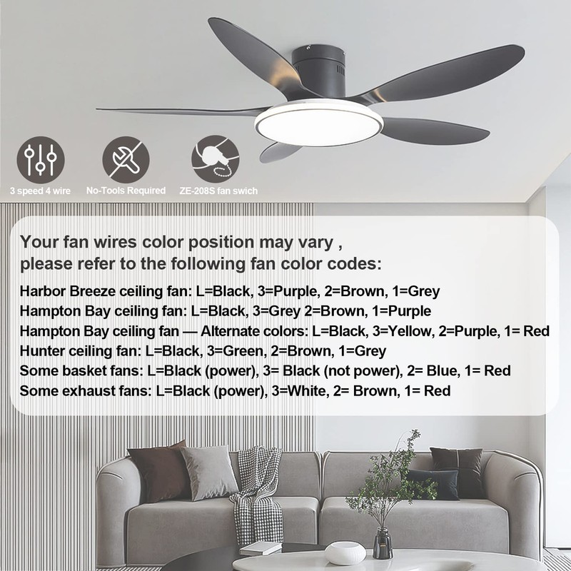 with 4 Pre-Installed Wires Ceiling Fan Switch 3 Speed 4