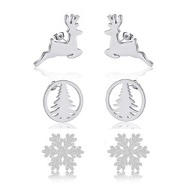 Hopply 3 Pair Christmas Earrings for Women,Hypoallergenic Surgical Stainless Steel Christmas Tree Snowflake Deer Earrings Christmas Thanksgiving Jewelry Gift (3 Pairs Snowflake Deer Christmas Tree-Silver)